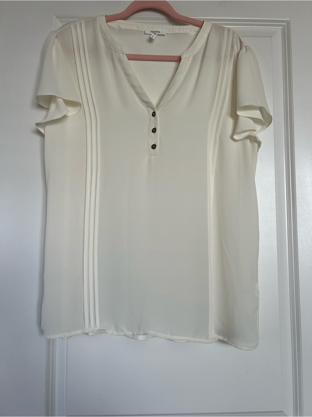 Maurices Cream V-Neck Pintuck Flutter Sleeve Blouse with Knit Back